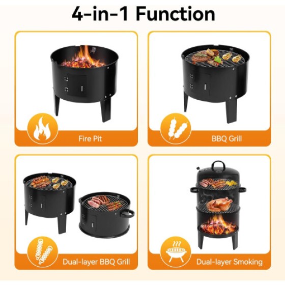 Panggangan 3-in-1 84 cm dengan Termometer yang Dapat Disesuaikan Jaring Karbon Lapisan Ganda dan Steamer untuk Pengasapan dan Rebusan